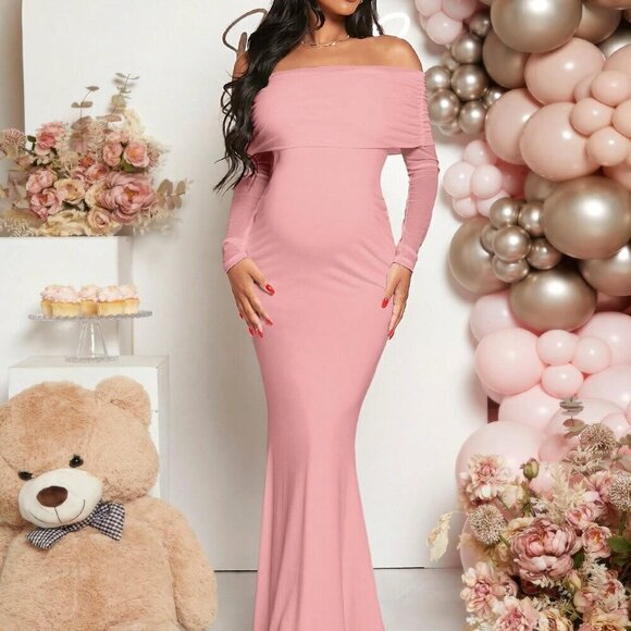 Pink Elegant Women's Maternity Off Shoulder Foldover Dress - Picture 6 of 7
